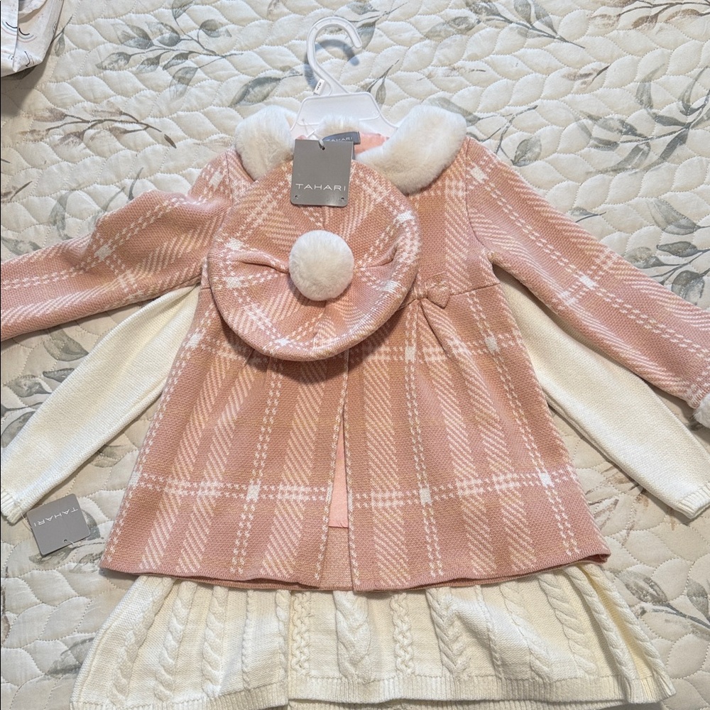 Tahari Pink and White Plaid Coat & white Dress with Beret
